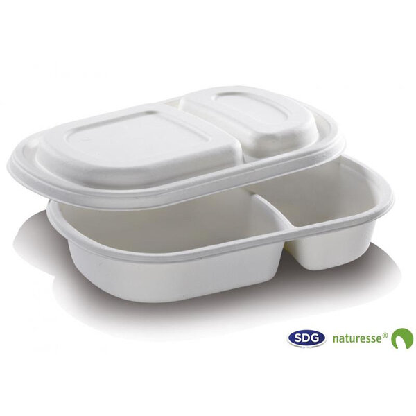 Barquette 2 Compartiments avec Couvercle Pulpe de Cellulose Biodégradable 690 ml - SDG - Lot  de 200 - Pulpe de cellulose