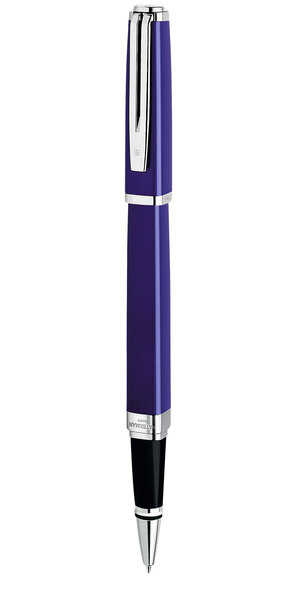 WATERMAN Exception stylo roller fin, bleu, attributs plaqué argent, recharge noire F, en écrin