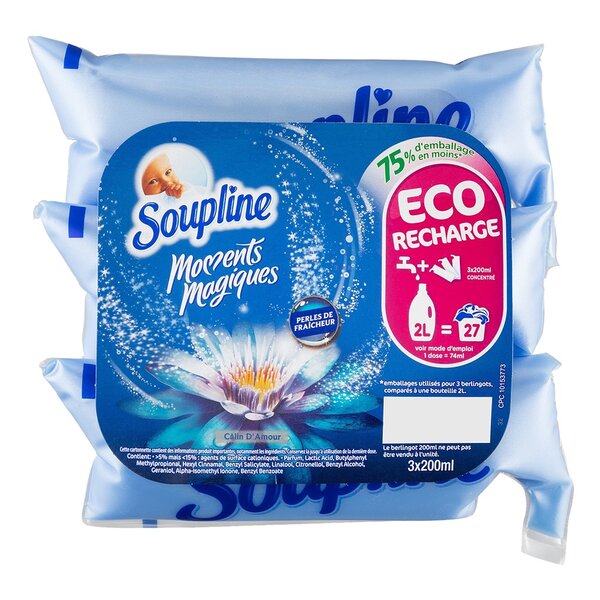 Soupline Concentré Eco Recharge Moments Magiques Perles de Fraîcheur par 3 berlingots de 200ml (lot de 6 soit 18 berlingots)