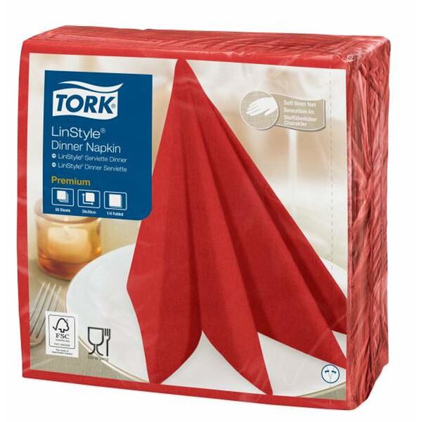 Serviettes de table textile LinStyle, jetables, pliage en 4, simple épaisseur, gaufrées, 39 cm - Rouge coquelicot (paquet 50 unités)