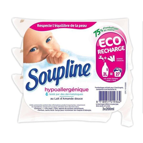 Soupline Concentré Recharge Hypoallergénique au Lait d’Amande Douce par 3 berlingots de 200ml (lot de 6 soit 18 berlingots)