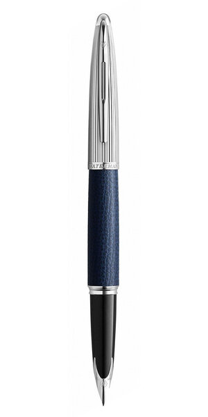 WATERMAN Carene stylo plume,  en cuir bleu, attributs palladium, plume fine 18K, en écrin