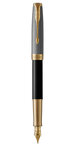 PARKER Sonnet stylo plume, argent ciselé et laque noire, attributs dorés, plume moyenne 18 carats – Livré dans son écrin