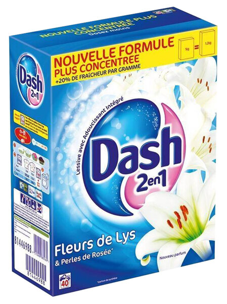 Dash Poudre 2en1 Fleurs De Lys et Perles De Rosée 2,6Kg 40 Doses (lot de 2 paquets 80 doses)