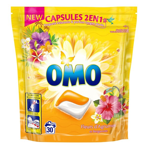 Omo Capsules 2 en 1 Propreté Éclatante & Parfum Longue Durée Fleurs d’Agrumes et Bergamote x30 (lot de 2 soit 60 doses)