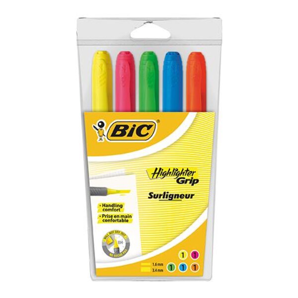 Pochette de 5 Surligneurs HIGHLIGHTER GRIP Pte Biseau Moy J/R/V/B/O BIC