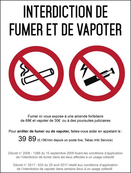 Interdiction interdit de fumer et vapoter - Autocollant vinyl waterproof - L.148 x H.210 mm