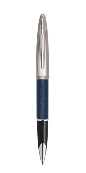 WATERMAN Carene stylo bille,  en cuir bleu, attributs palladium, recharge noire pointe moyenne, en écrin