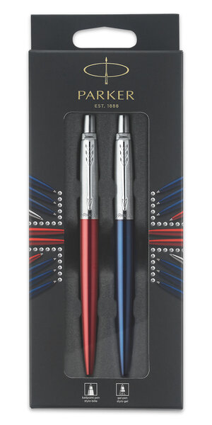 PARKER Jotter London Set : Stylo bille rouge Kensington, recharge bleue pointe moyenne + Stylo bleu royal, recharge gel noire 0.7 mm